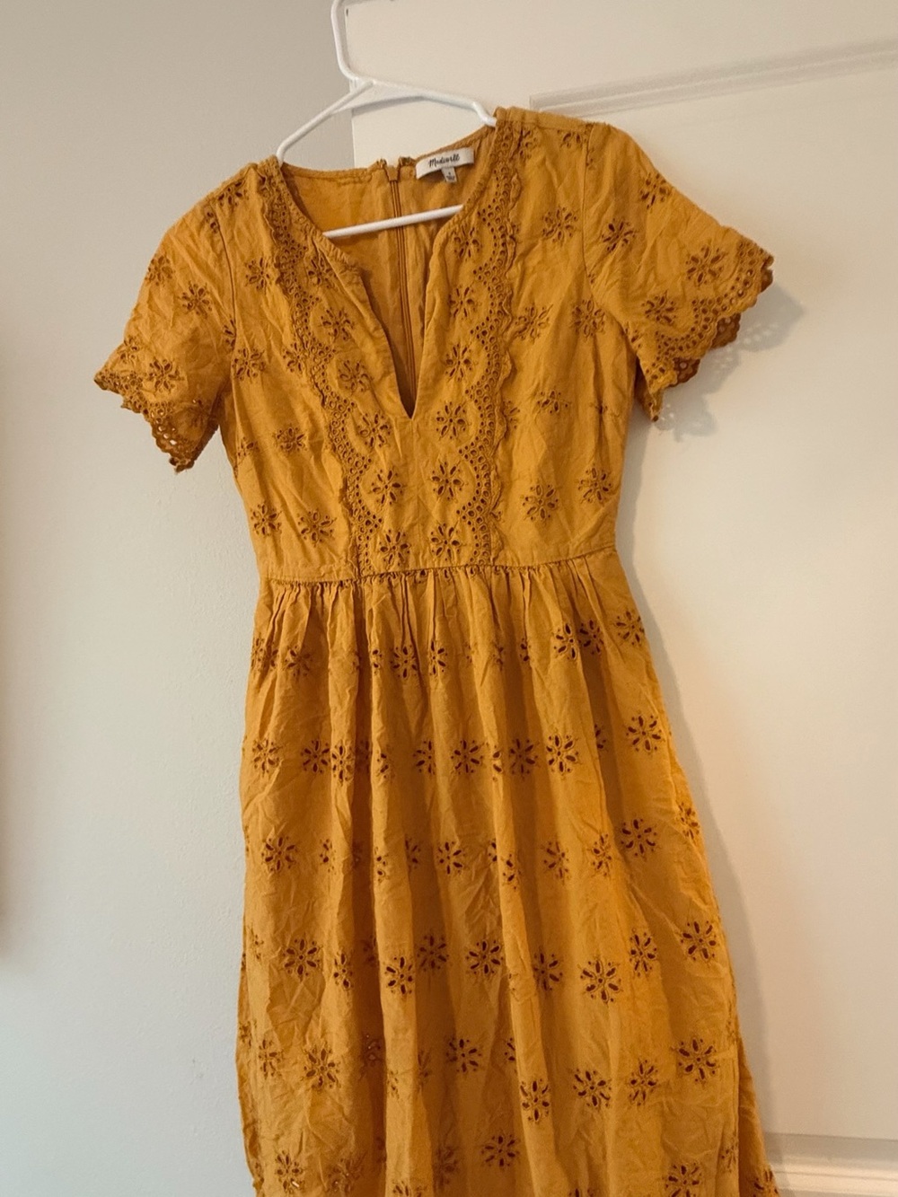 Madewell Mustard Yellow Eyelet Lace Dress V-Neck Short Sleeve Sun Dress Cotton❤️ - Picture 7 of 12